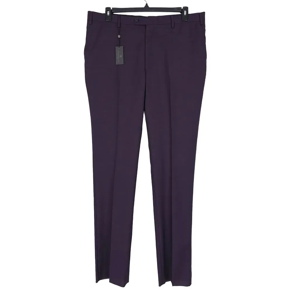 John Varvatos Mens Slim Fit 2 Piece Suit 46R 38W Purple Solid Virgin Wool Twill